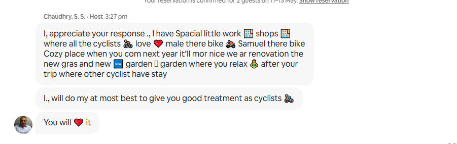 A friendly communication from Chaudhry, a host in Kastrup, expressing his appreciation and offering a cozy stay for cyclists with bike amenities and a relaxing garden.