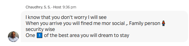 Screenshot of a message from Chaudhry, a host in Denmark, expressing his welcoming sentiments and assuring safety for travelers.