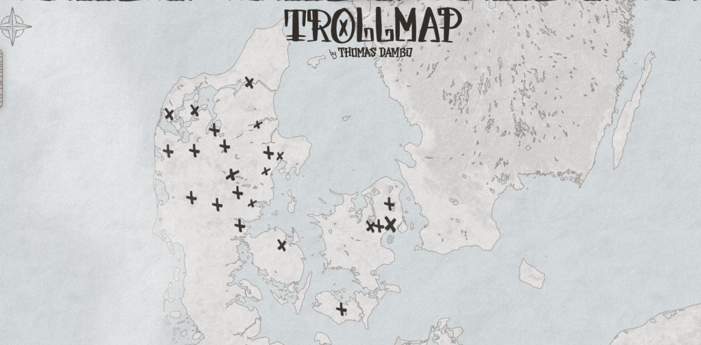 A detailed map titled 'TROLLMAP' by Thomas Dambo, featuring various marked locations across Denmark and parts of Sweden, showcasing the locations of giant wooden troll sculptures.