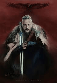 Artistic representation of a Viking character, featuring a man with long hair and a beard, sitting with a sword, wearing a fur cloak against a red background.