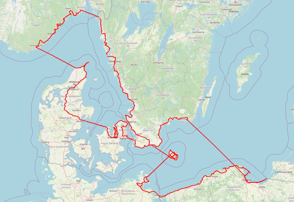 A detailed route map showing cycling paths across Denmark, Sweden, Poland, and Norway, with notable ferry routes highlighted in red.